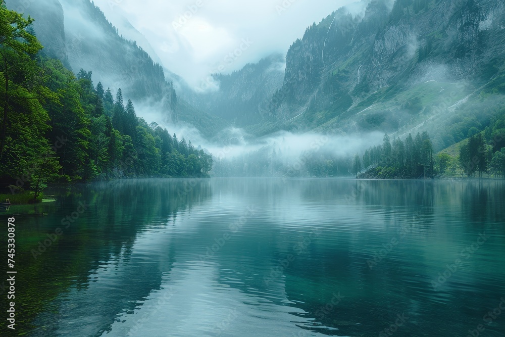 Poster an ethereal view of a serene lake with mist hovering low, flanked by formidable mountains and lush f