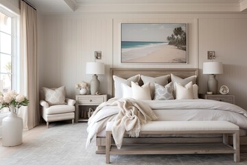 Fototapeta na wymiar Sandy Serenity: Coastal Bedroom Designs with Driftwood Headboards and Neutral Tones