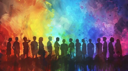 Vibrant multicultural society: silhouettes of diverse people in watercolor style concert...
