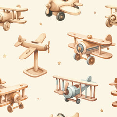 Watercolor seamless pattern with wood newborn baby toys. © ku4erashka