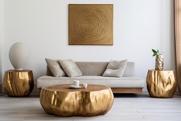 Golden Pouf: Contemporary Living Room with Wooden Table and Minimalist Wall Design