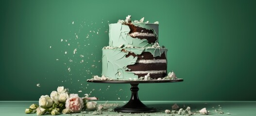 cake destroyed table green background
