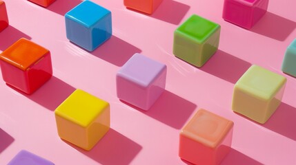 Obraz premium Vibrant multicolored cubes casting eerie shadows on soft pink backdrop - abstract geometric art concept