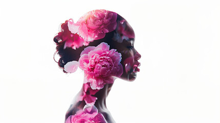 Double exposure afro american female head silhouette in profile and abstract floral spring background on white.