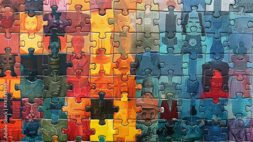 Wall mural vibrant puzzle figures representing diversity and inclusion, conceptual image of multicultural unity