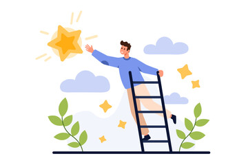 SWOT analysis, opportunity vision ability for business strategic planning. Tiny man climbing ladder high to reach big star in sky and achieve dream or success goal cartoon vector illustration