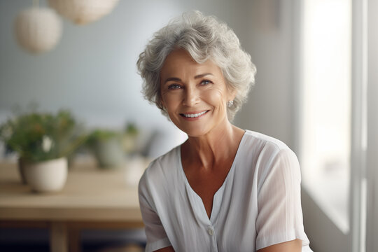 Smiling middle aged mature grey haired woman looking at camera, happy old lady posing at home indoor, positive single senior retired female sitting on sofa in living room headshot portrait
