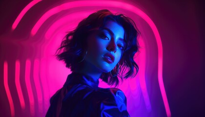 caucasian female singer portrait isolated on neon