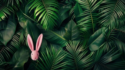 Creative Easter nature background. Green tropical palm leaves with pink Easter bunny ears. Minimal spring abstract jungle or forest composition. Contemporary style