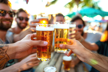 A group of friends Toasting with Glasses of Beer during their summer vacations