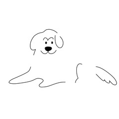 Minimalistic illustration of a Labrador dog in cartoon style. Doodle style drawing on a white background. Drawing of a happy dog in a lying pose. Black and white poster for design and printing.