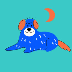 Minimalistic illustration of a Labrador dog in cartoon style. Doodle style drawing on a blue background. Drawing of a happy dog in a lying pose. Colorful poster for design, printing and decoration.