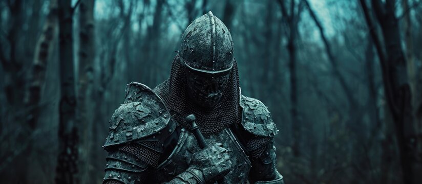 A man dressed in a knights costume, complete with armor, is walking through a dense forest on a Halloween night. The knightly figure adds a touch of fantasy and horror to the eerie setting.
