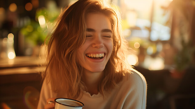 Momento acolhedor jovem mulher com café quente contemplando a cidade pela janela em luz suave