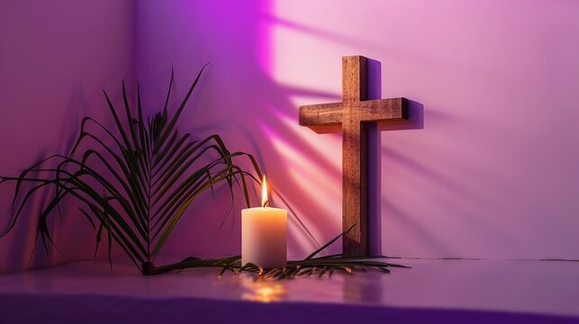 Wooden cross, candle and palm leaves on purple background
