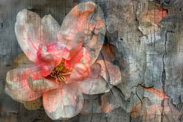 A close-up of a flower superimposed with the texture of tree bark in a double exposure