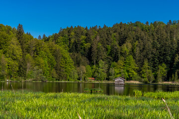 Hackensee mit einer Holzhütte inmitten auf dem Wasser