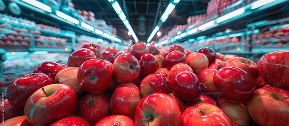 Poster a large display of shiny red apples stacked in piles at a bustling grocery store. the apples are fre