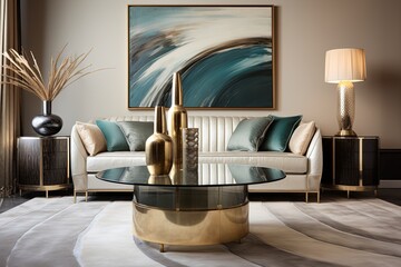 Gilded Touch: Modern Lounge with Art Deco Flair, Featuring Elegant Glass Coffee Table