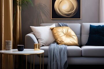 Golden Cushion on Modern Sofa in Contemporary Living Room: Art Poster Decor