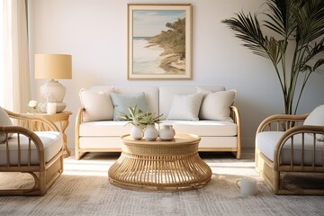 Fototapeta na wymiar Golden Coastal Living: Rattan Furniture Oasis with Modern Lounge Accents