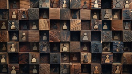 Top view: wooden cubes with people icons, symbolizing networking and communication in a creepy atmosphere