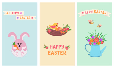 Fototapeta na wymiar happy Easter, greeting cards with rabbit, bird nest and flowers. Vector Illustration for backgrounds and packaging. Image can be used for posters, stickers and textile. Isolated on white background.