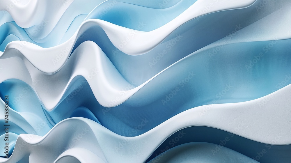 Poster contemporary abstract design with blue wavy stripes and fluid motion, creating a dynamic background 