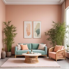 Zen interior with potted bamboo plant, natural interior design concept, colored contemporary living...