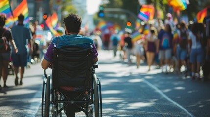 Participant in Wheelchair Joins Vibrant LGBT Pride March in Urban Setting