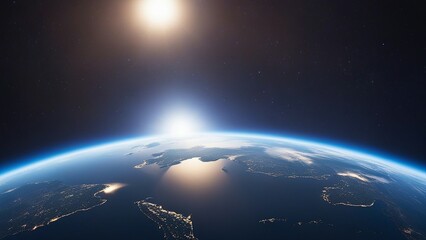 earth in space _A stunning view of a Earth from space, with a blue sunrise illuminating the planet.  