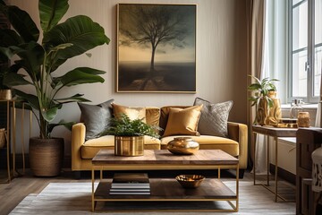 Golden Highlights in Modern Living Room: Plant Decor and Wooden Table Elegance