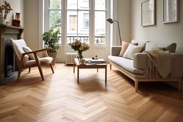 Nordic Style Living Room with Herringbone Floor Designs and Modern Wooden Furniture