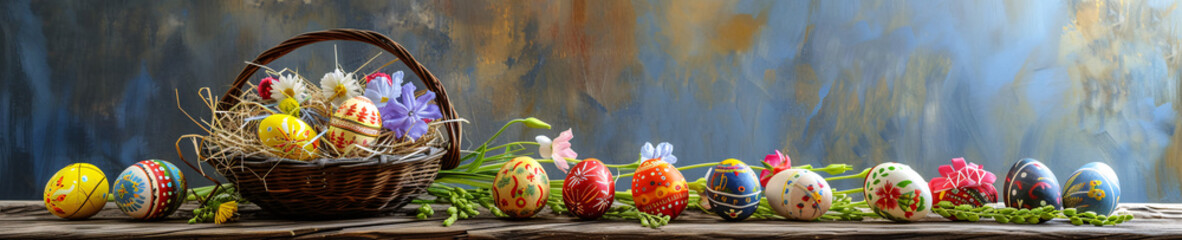 Fototapeta na wymiar A charming array of handcrafted Easter eggs in a nest-filled basket, presented on a rustic wooden table with a reflective blue backdrop.