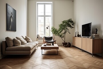Nordic Herringbone Living Room: Minimalist Decor with Wooden Furniture
