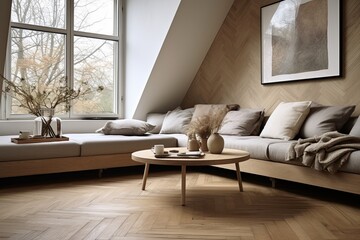 Herringbone Wooden Floor Patterns in Modern Scandinavian Living Room with Cozy Sofa Design