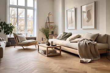 Scandinavian Living Room: Modern Design with Herringbone Wooden Floor Patterns and Cozy Sofa