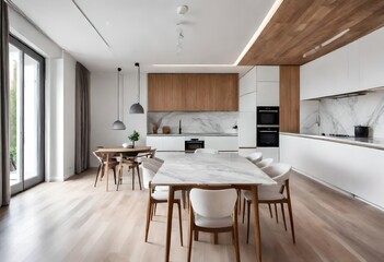 Naklejka na ściany i meble Dining room and kitchen in a new open plan home. Features White walls and ceiling and parquet floors. Beautiful furniture made of wood and marble light-colored furniture fronts
