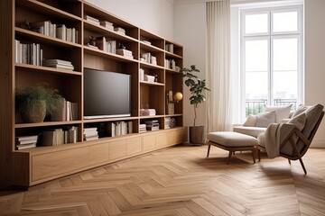 Herringbone Wooden Floor Patterns in Modern Nordic Living Area with Wooden Shelving