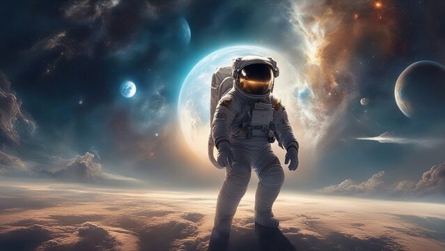 person in the space _An astronaut in outer space with a Earth behind him. The image shows a contrast between the dark   