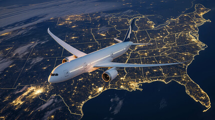 Commercial airplane flies over an illuminated global map at night