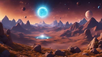 Wandcirkels tuinposter sunrise in the mountains exploding star, Cartoon alien fantastic landscape with moons and planets on starry sky   © Jared