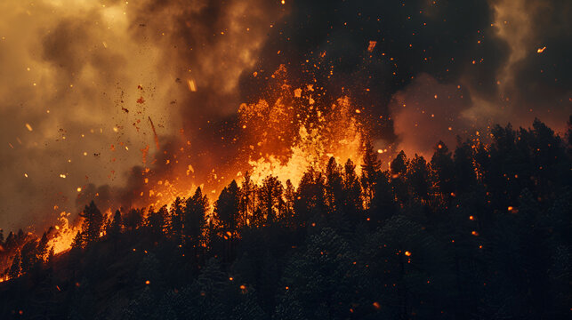 Vacano eruption, dark skys, burning forest