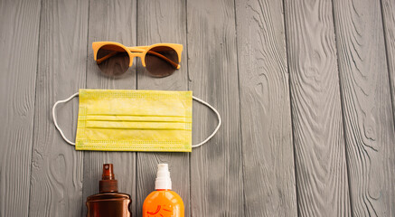 New normal covid face mask sun protection sunglasses sunscreen spray lotion tan