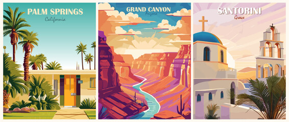 Set of Travel Destination Posters in retro style. Palm Springs, California, Grand Canyon, Arizona, USA, Santorini Greece prints. Summer vacation, holidays concept. Vintage vector illustrations. - obrazy, fototapety, plakaty