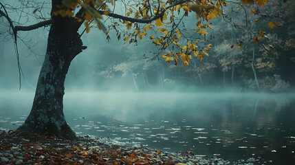 Misty Suspenseful Forest with a Spooky Atmosphere with a Lake