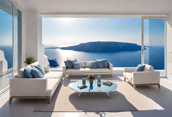 Luxury apartment terrace Santorini Interior of modern living room sofa or couch with beautiful sea view  - obrazy, fototapety, plakaty