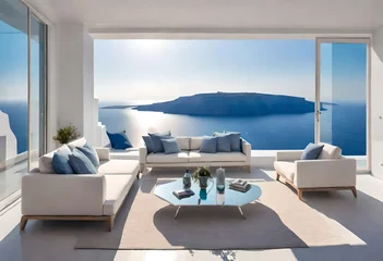 Rolgordijnen Luxury apartment terrace Santorini Interior of modern living room sofa or couch with beautiful sea view  © Muneeb