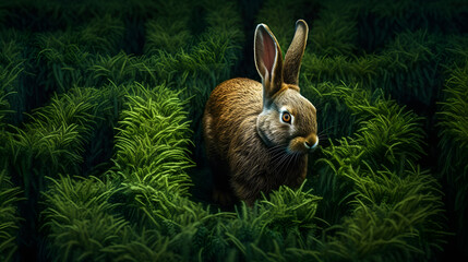 a rabbit on green grass in a dark maze