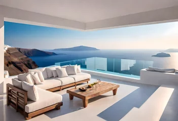 Raamstickers Luxury apartment terrace Santorini Interior of modern living room sofa or couch with beautiful sea view  © Muneeb